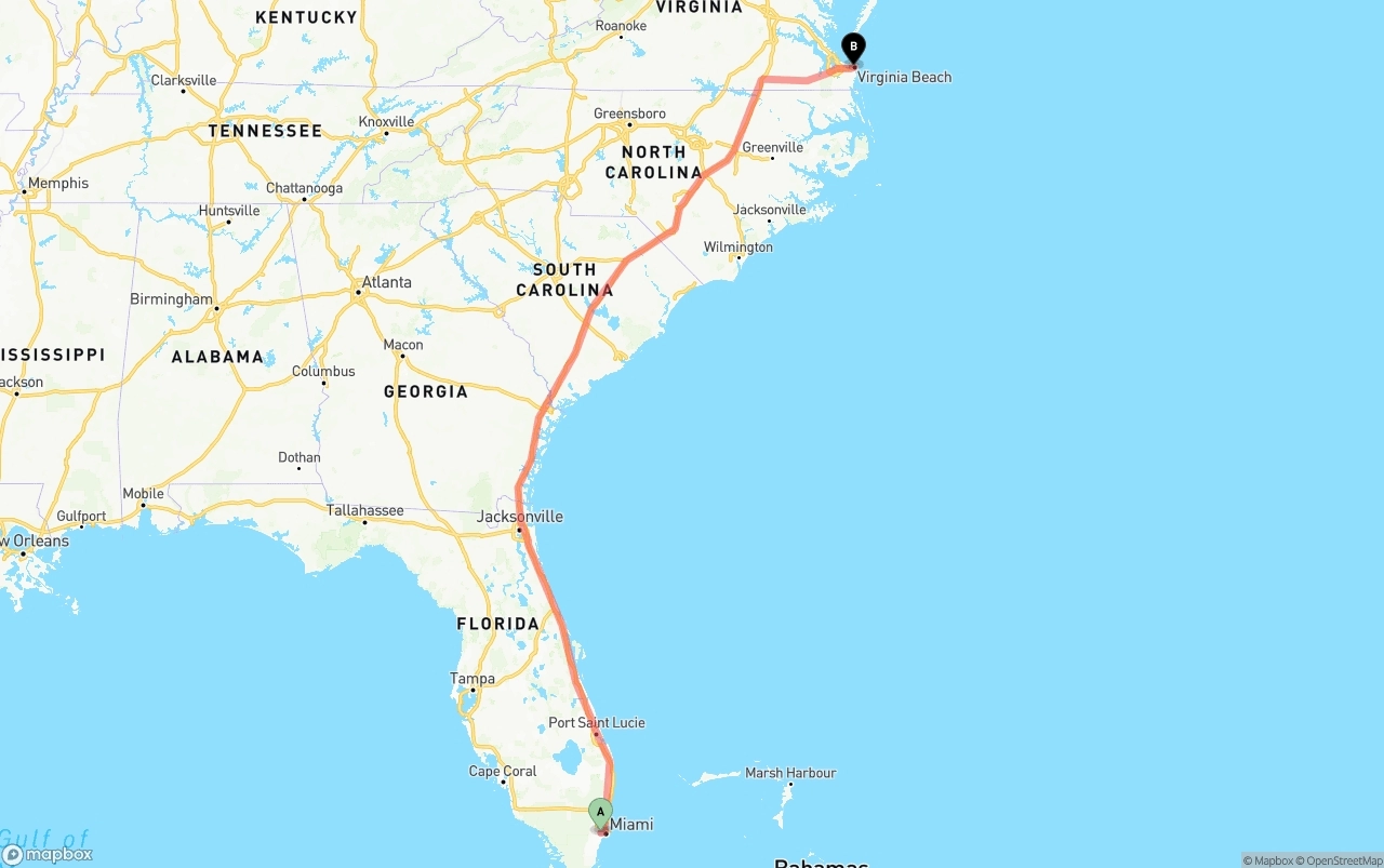 Shipping route from Miami International Airport to Virginia Beach