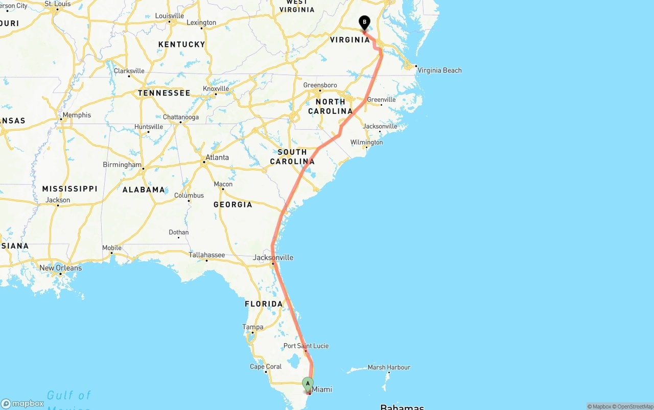 Shipping route from Miami International Airport to Virginia