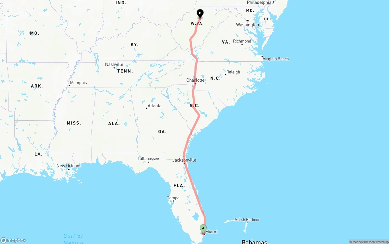 Shipping route from Miami International Airport to West Virginia