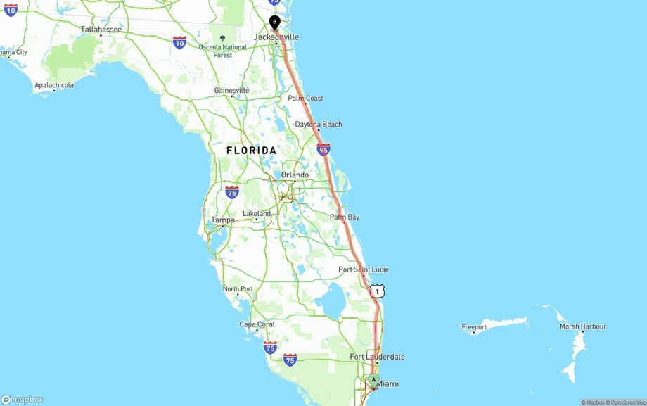 Miami to Jacksonville International Airport freight shipping route map
