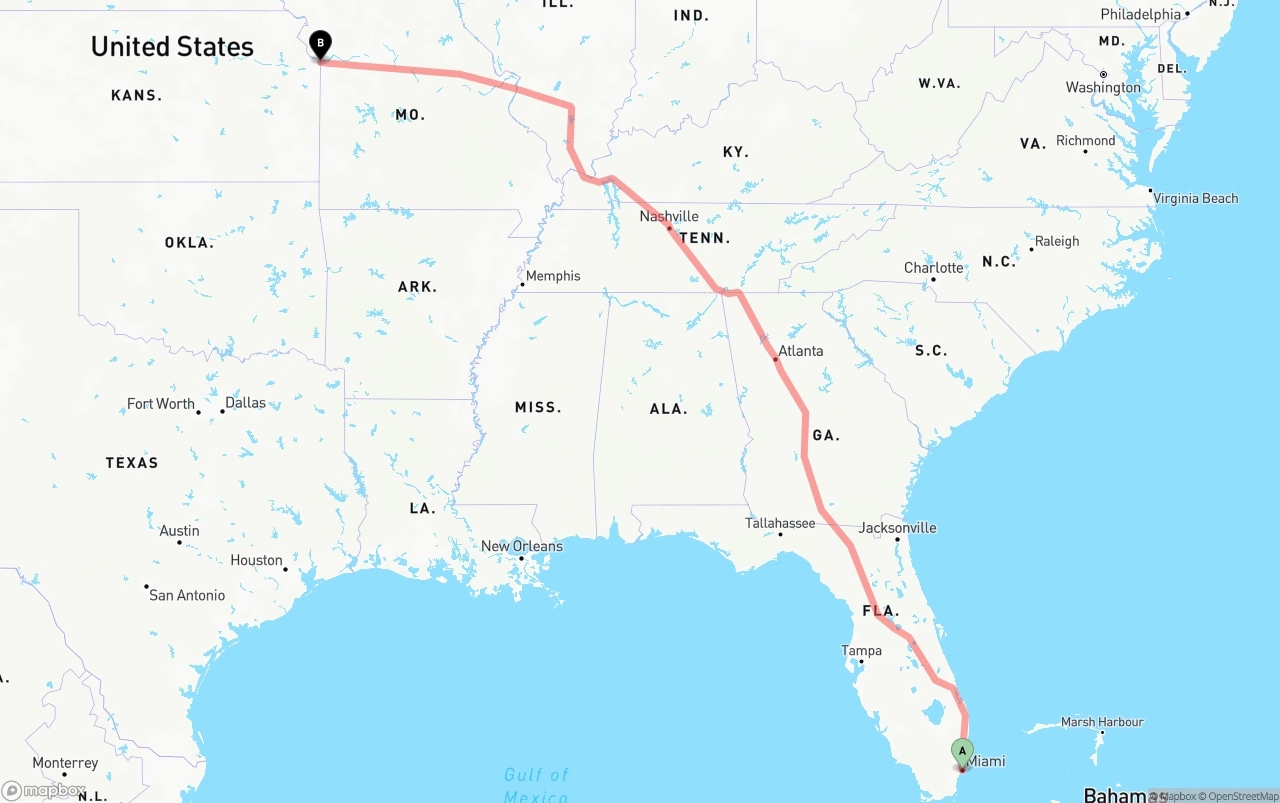 Shipping route from Miami to Kansas City