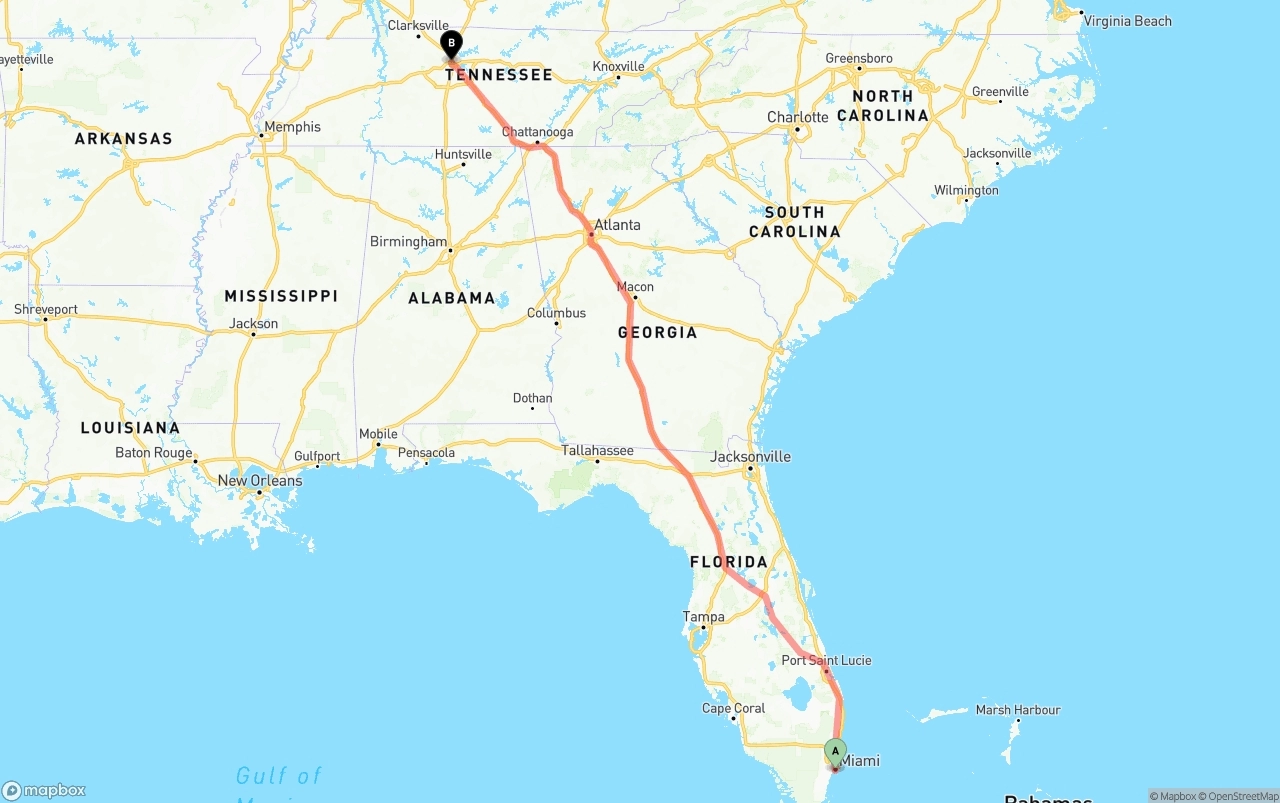 Shipping route from Miami to Nashville