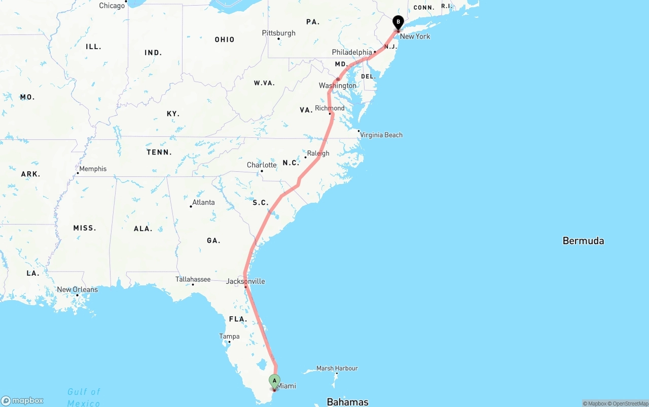 Shipping route from Miami to New York City