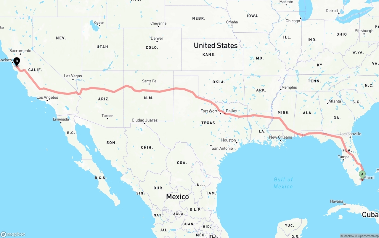 Shipping route from Miami to Norman Y. Mineta San Jose International Airport