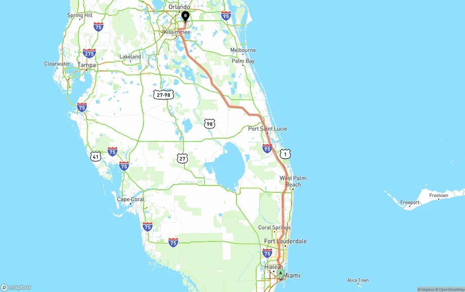 Miami to Orlando International Airport freight shipping route map