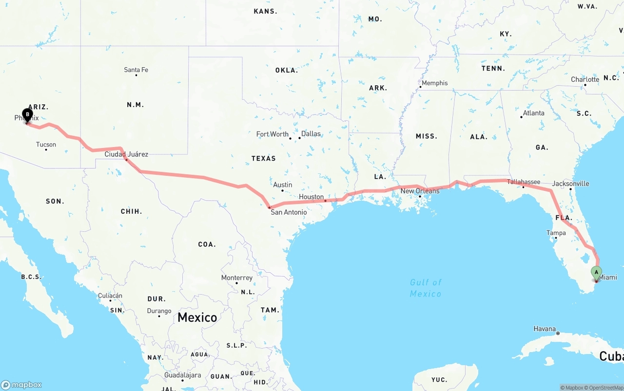 Shipping route from Miami to Phoenix Sky Harbor International Airport