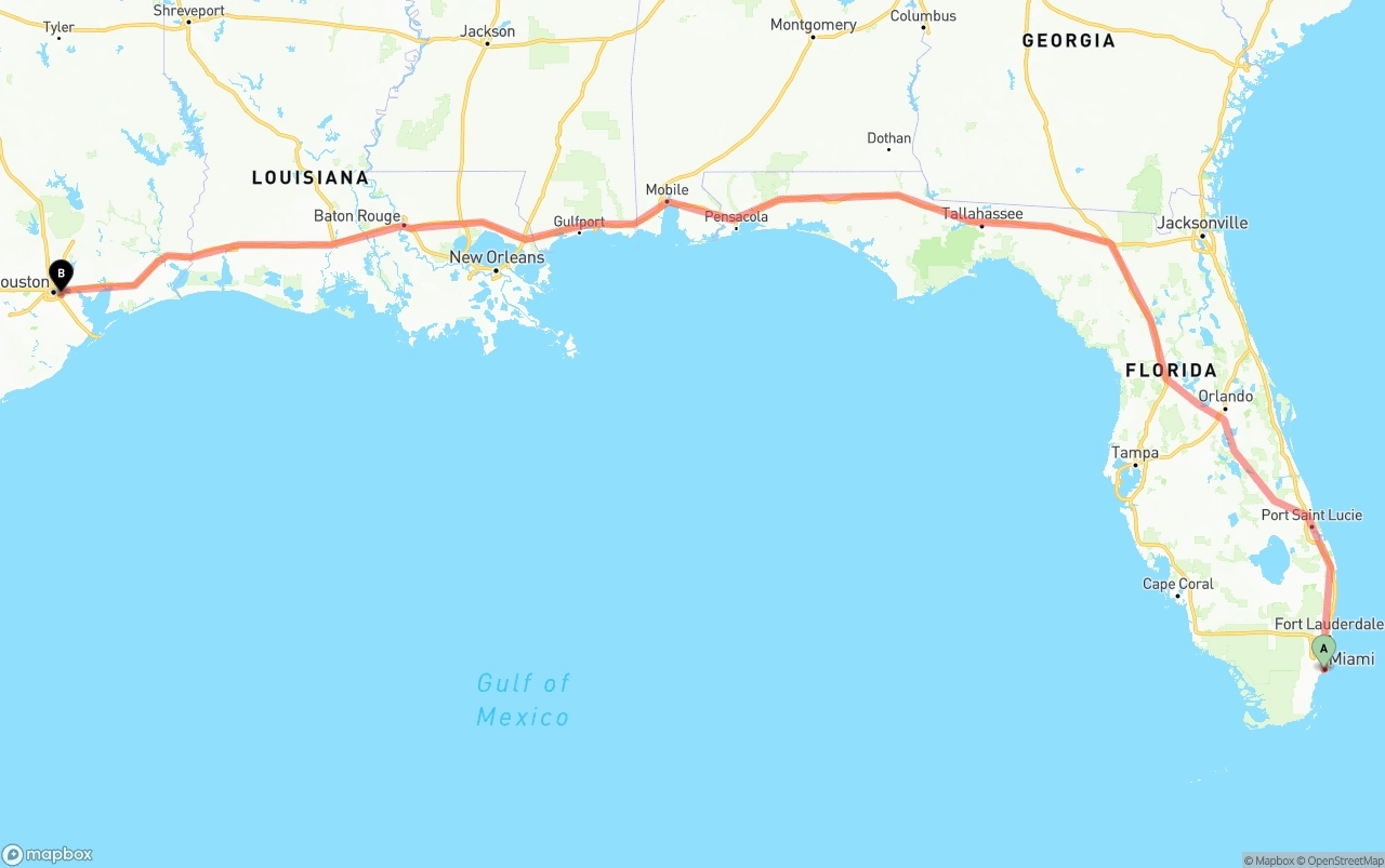 Shipping route from Miami to Port of Houston