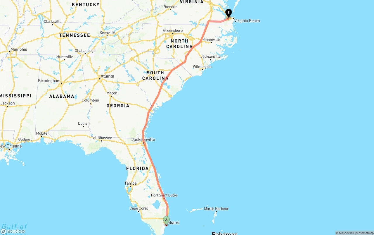 Shipping route from Miami to Port of Norfolk