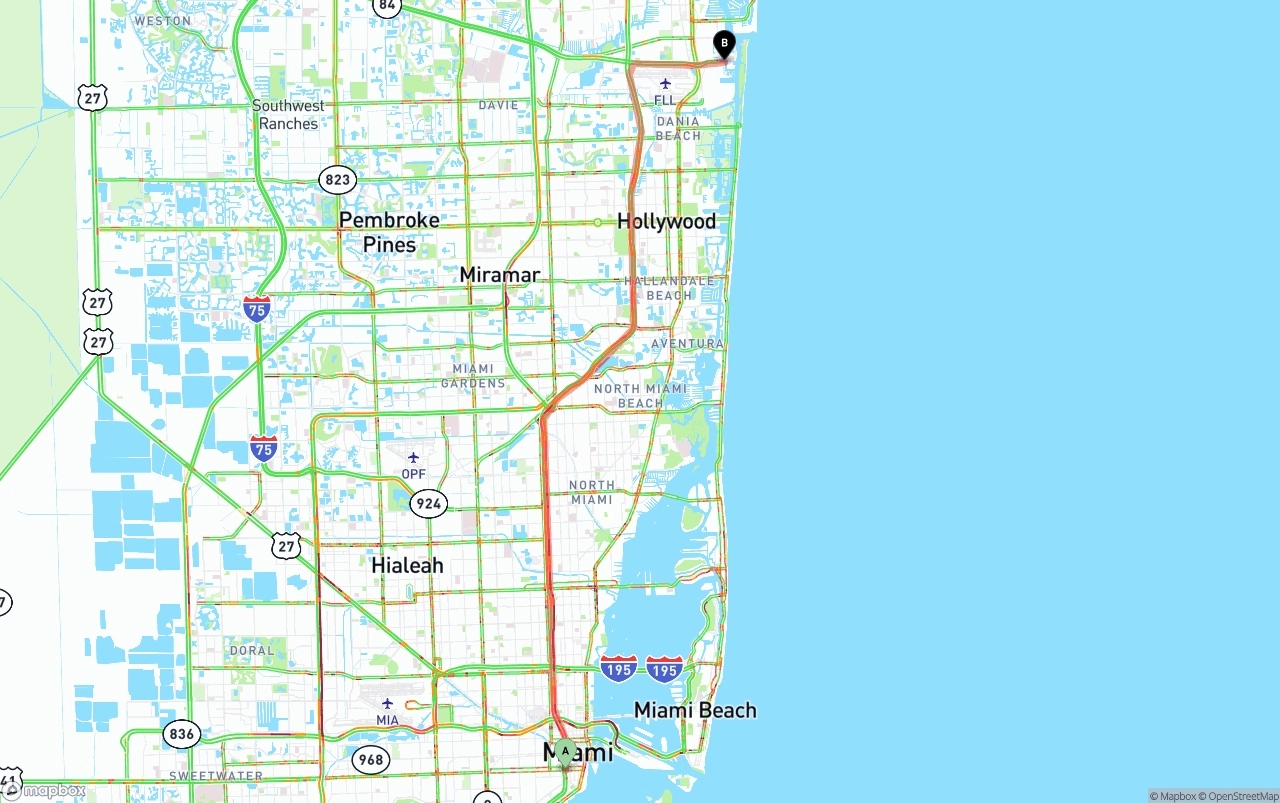 Shipping route from Miami to Port of Port Everglades