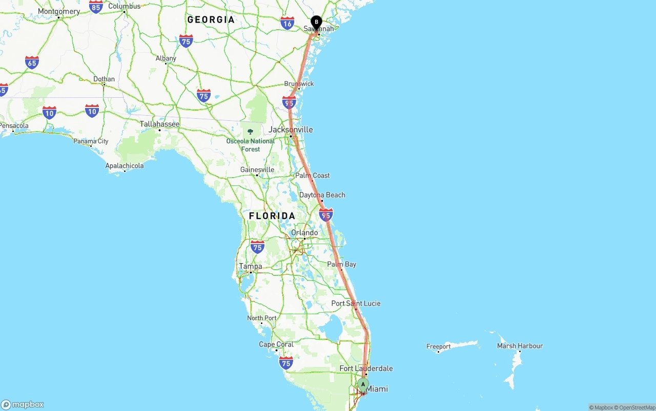 Shipping route from Miami to Port of Savannah