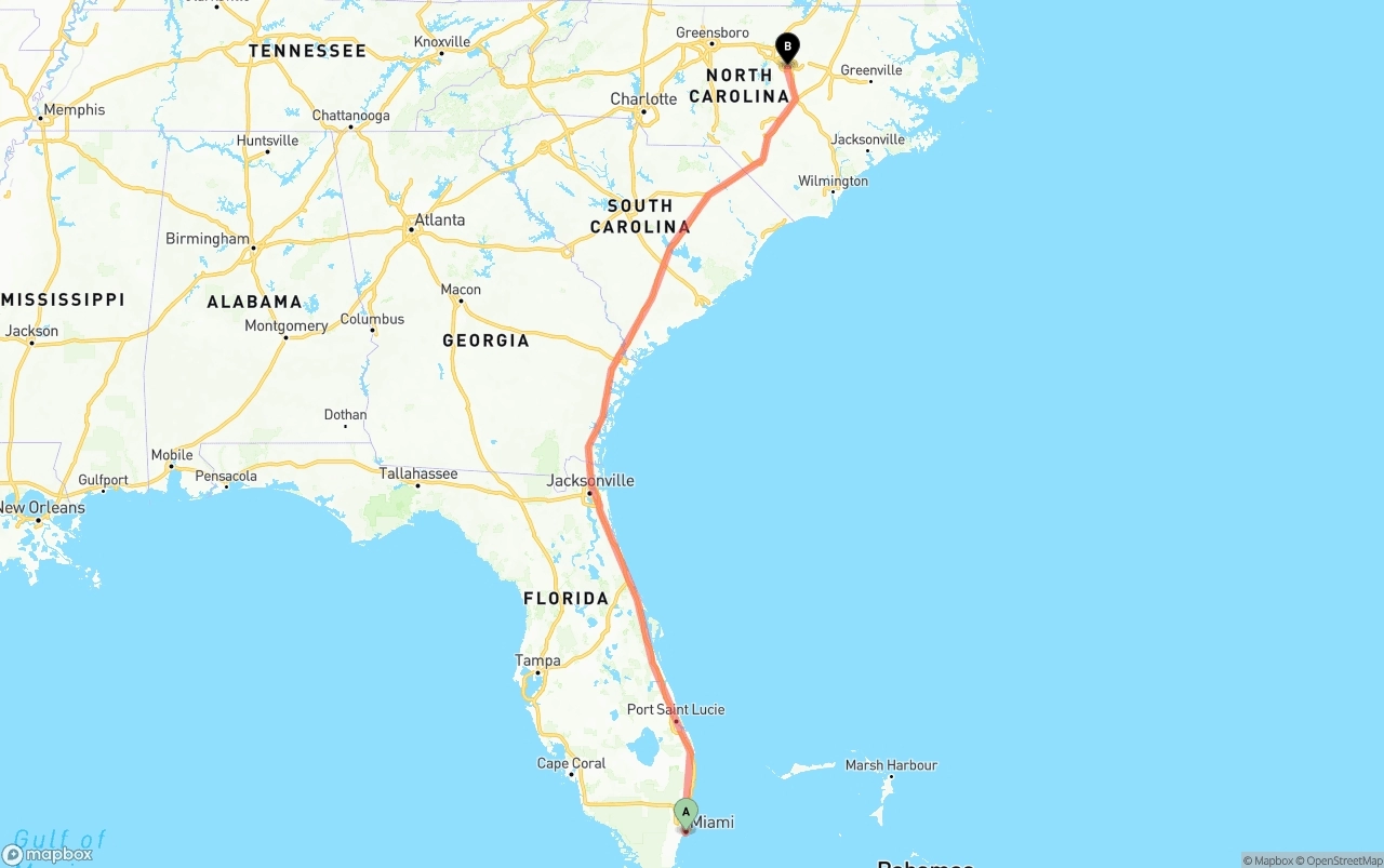 Shipping route from Miami to Raleigh