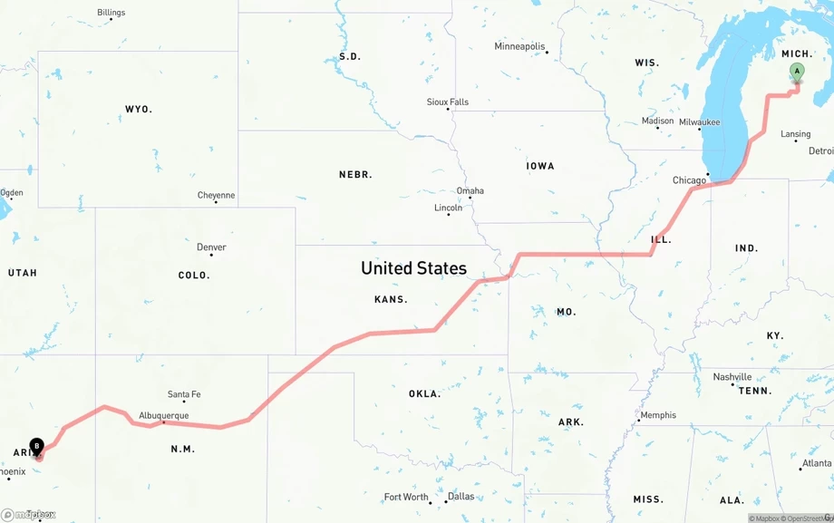 Michigan to Arizona freight shipping route map