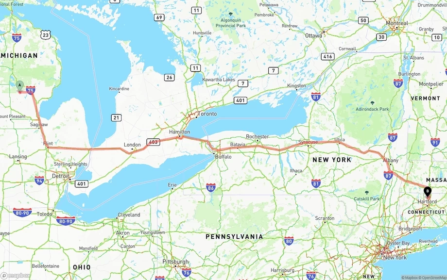 Michigan to Bradley International Airport freight shipping route map