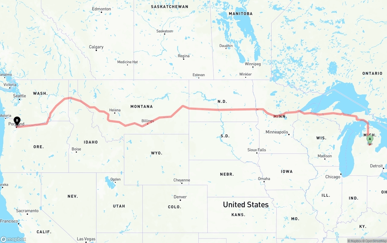 Shipping route from Michigan to Portland International Airport