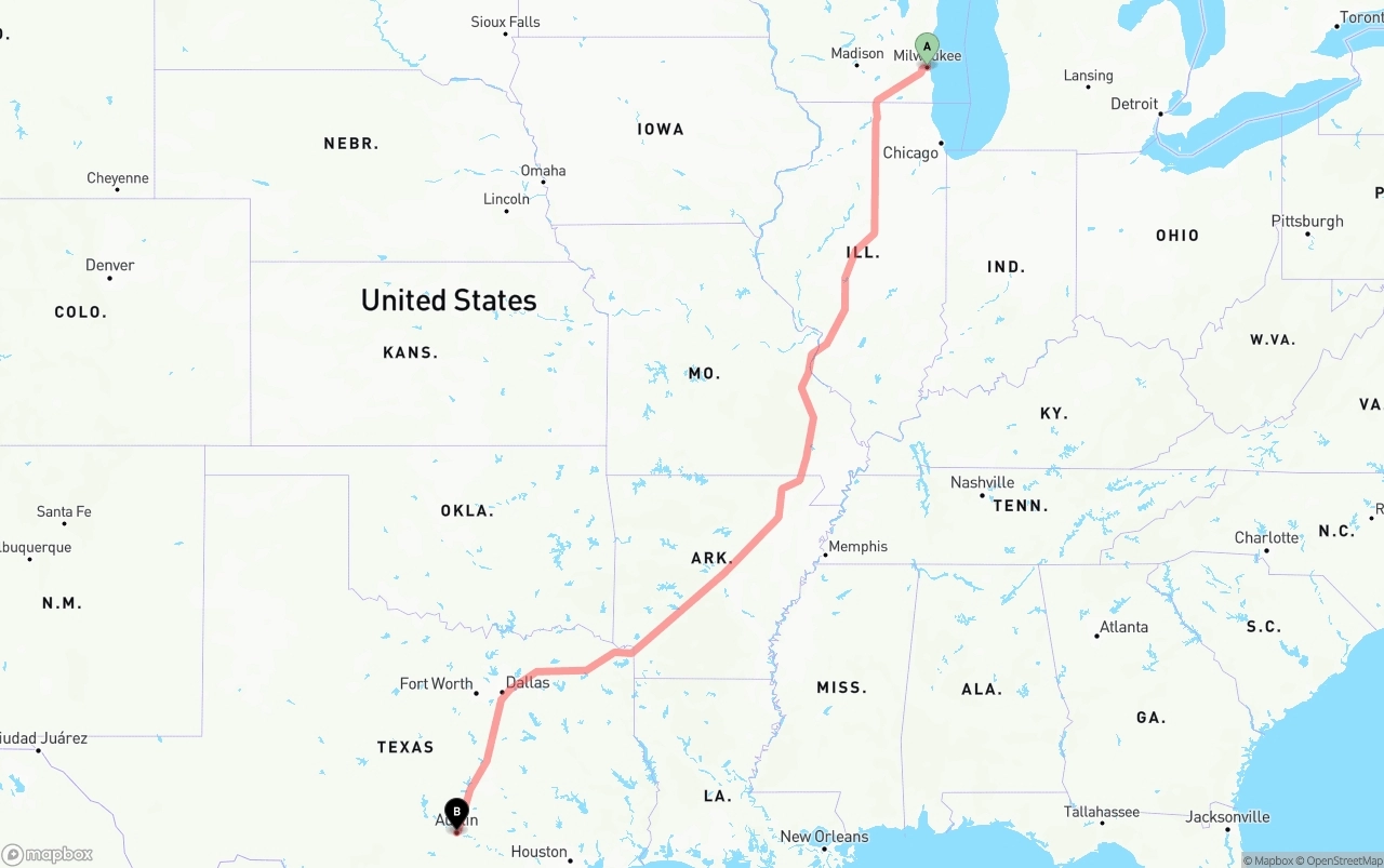 Shipping route from Milwaukee to Austin