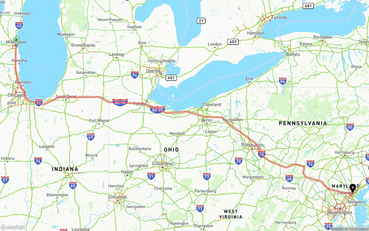 Shipping route from Milwaukee to Baltimore