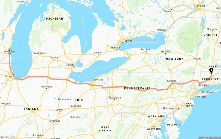 Milwaukee to Bradley International Airport freight shipping route map