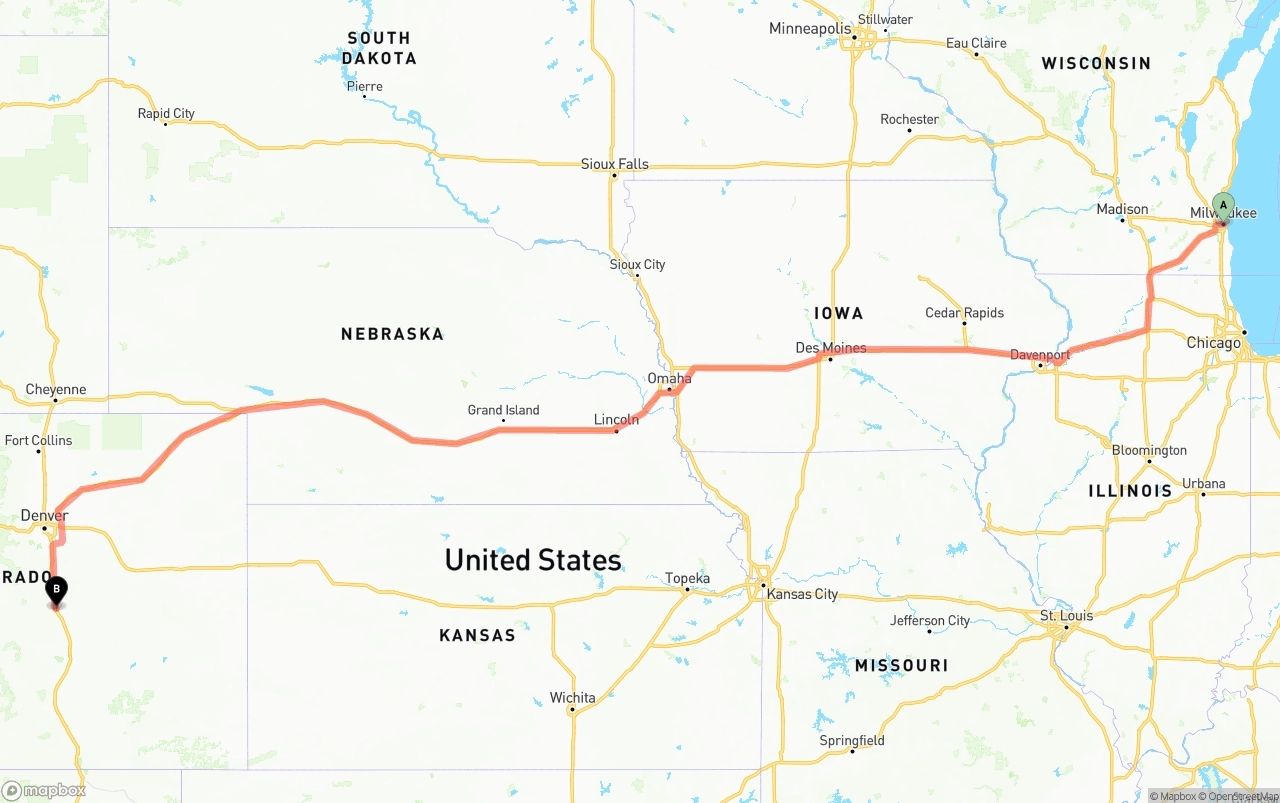 Shipping route from Milwaukee to Colorado Springs