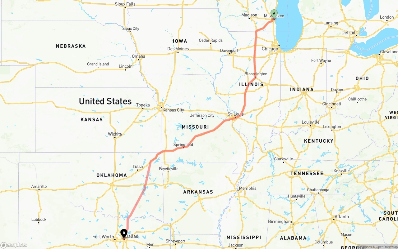 Shipping route from Milwaukee to Dallas