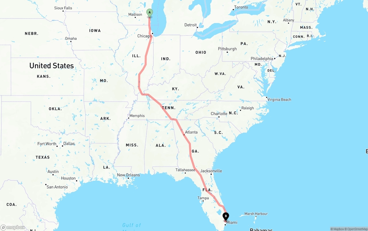 Shipping route from Milwaukee to Fort Lauderdale-Hollywood International Airport
