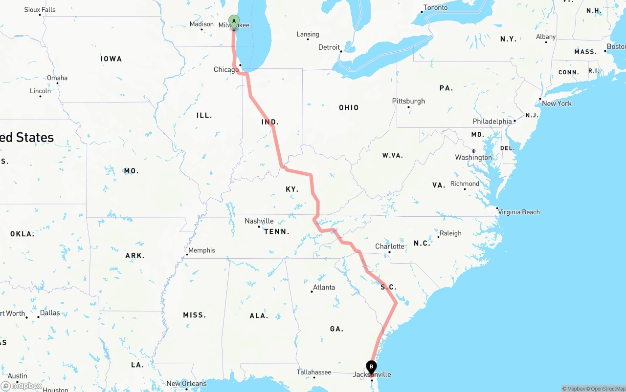 Shipping route from Milwaukee to Jacksonville International Airport