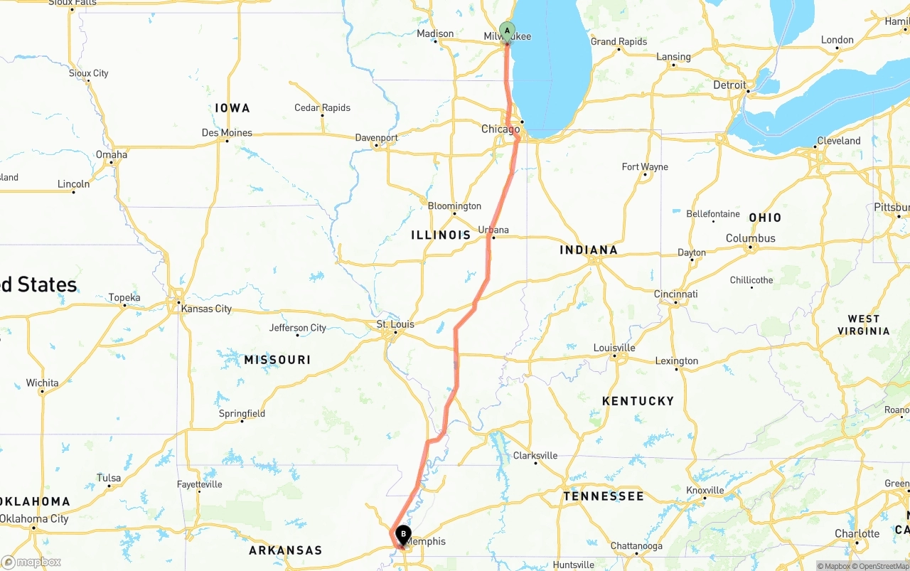 Shipping route from Milwaukee to Memphis