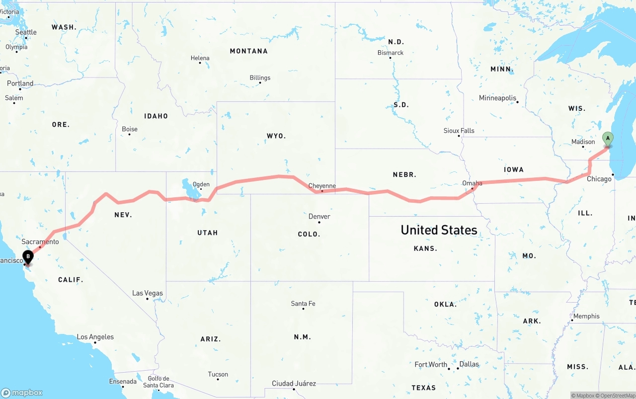 Shipping route from Milwaukee to Oakland International Airport