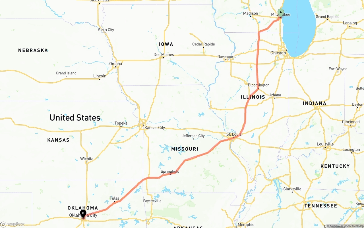 Shipping route from Milwaukee to Oklahoma City