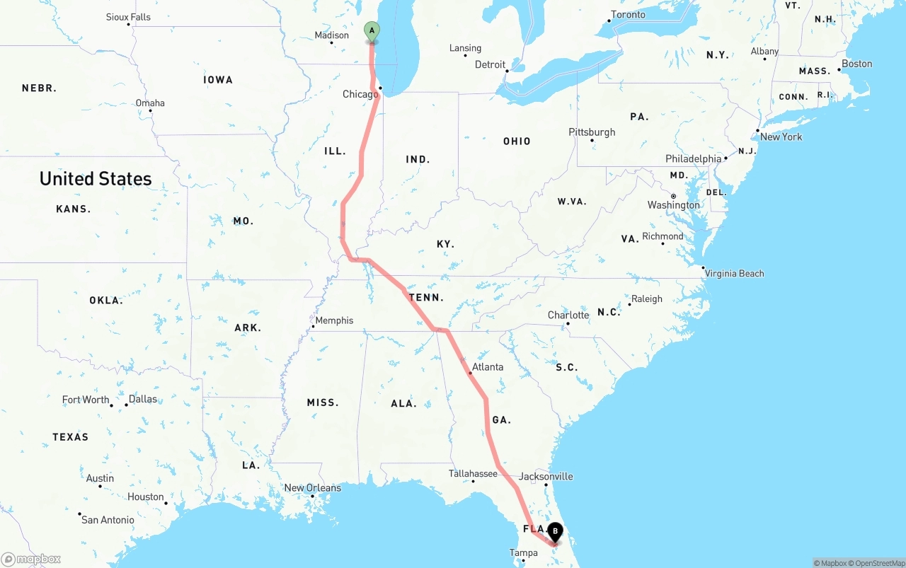 Shipping route from Milwaukee to Orlando International Airport