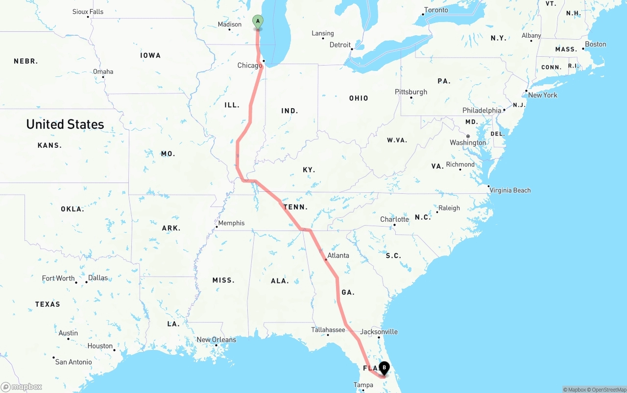 Shipping route from Milwaukee to Orlando
