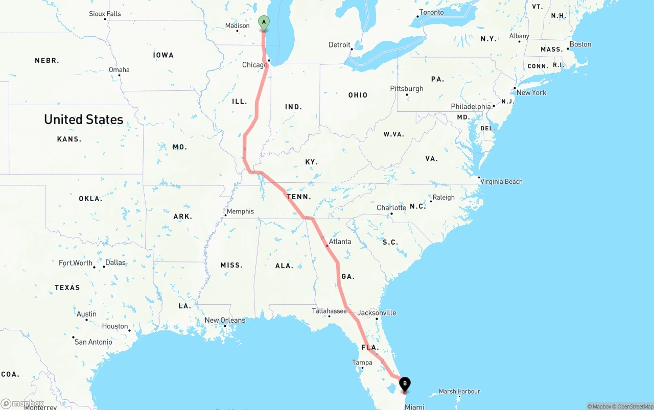 Shipping route from Milwaukee to Palm Beach International Airport