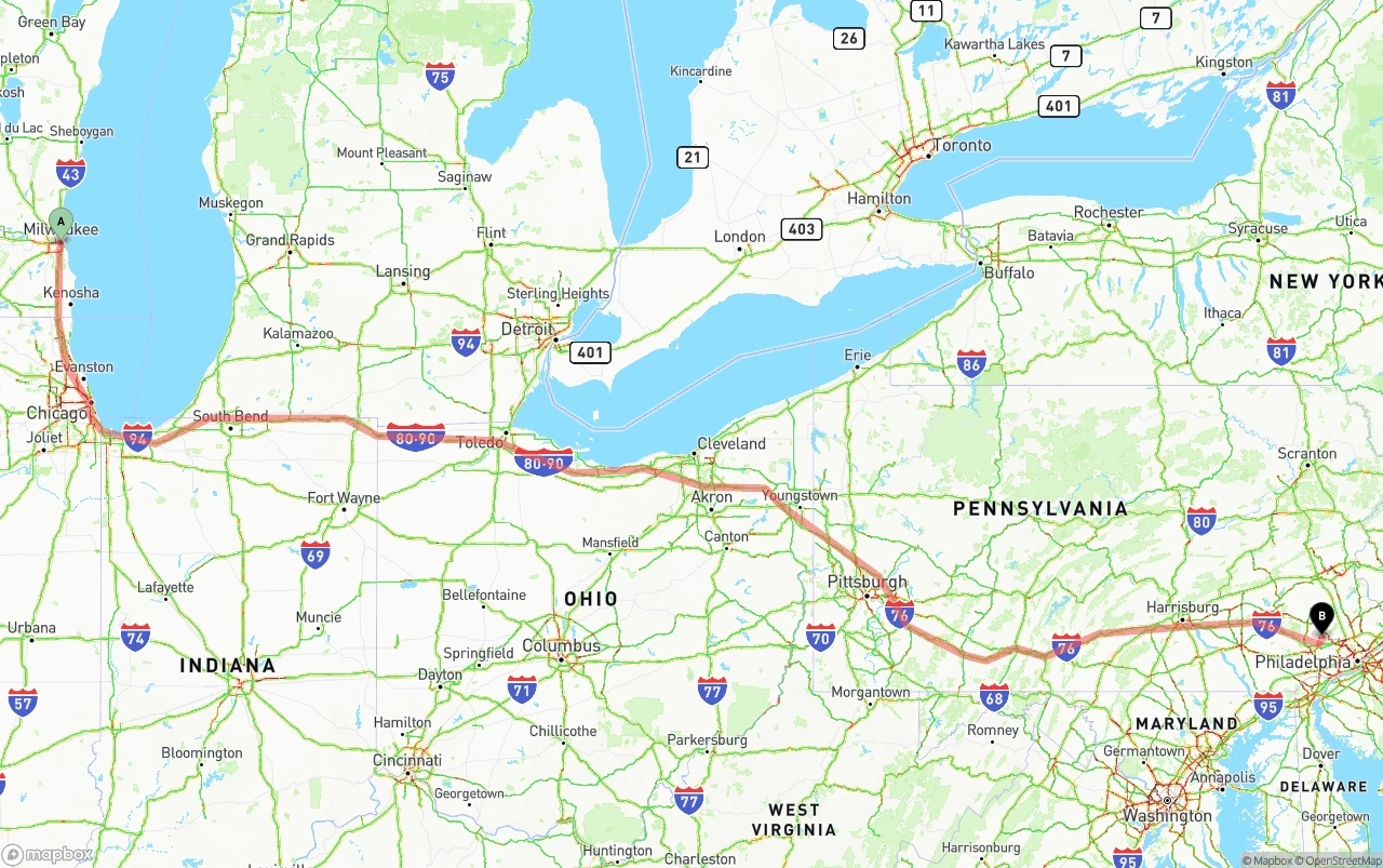Shipping route from Milwaukee to Phoenix