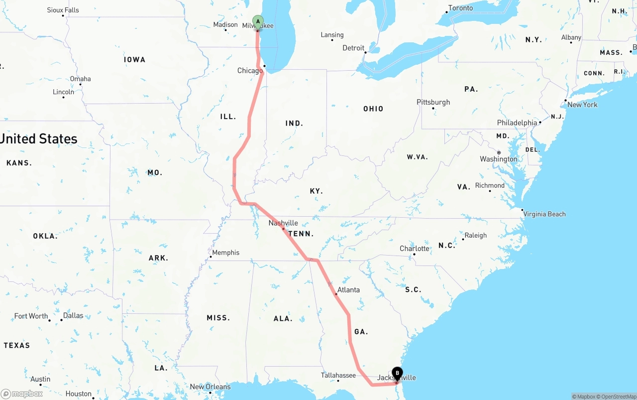 Shipping route from Milwaukee to Port of Jacksonville