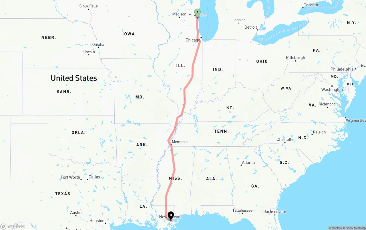 Shipping route from Milwaukee to Port of New Orleans