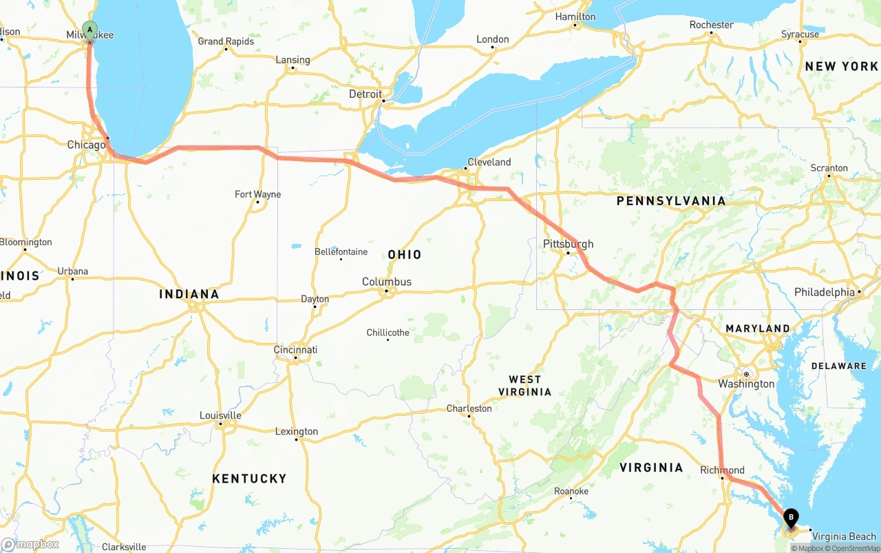 Shipping route from Milwaukee to Port of Norfolk