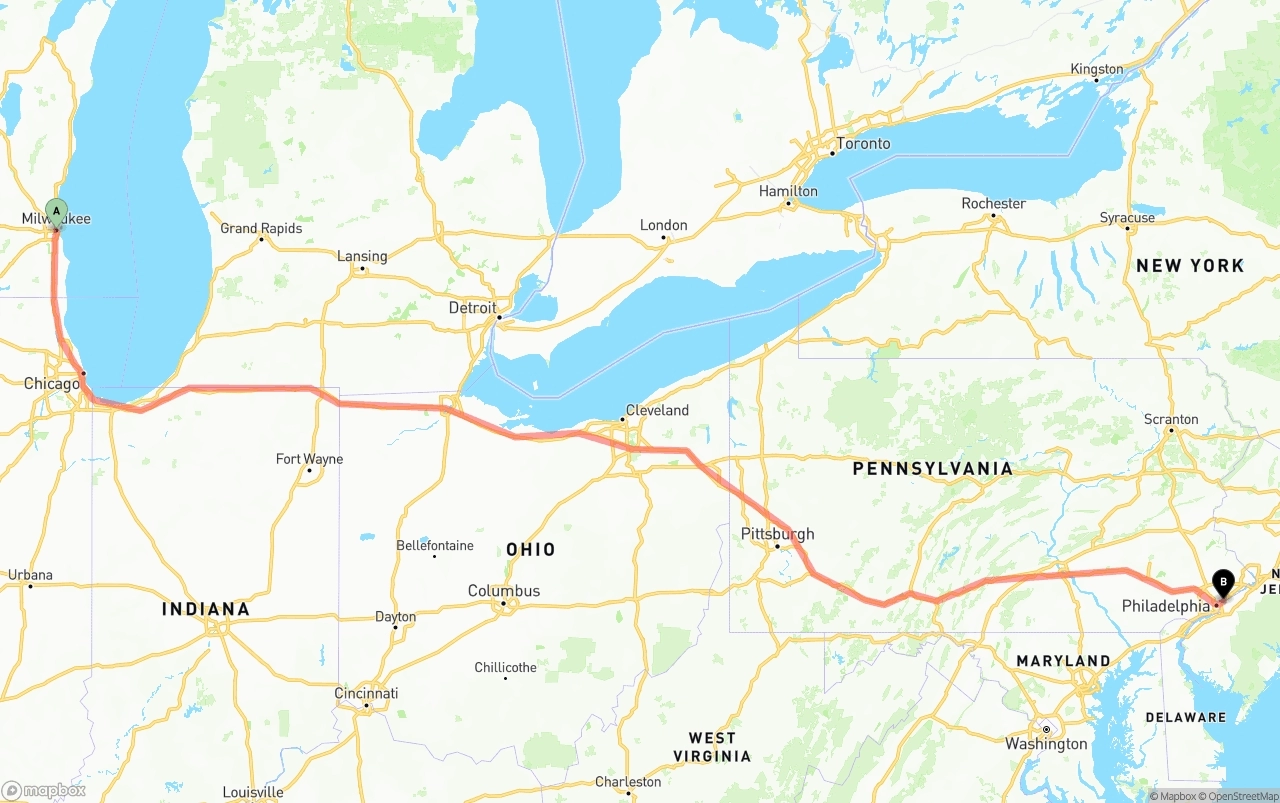 Shipping route from Milwaukee to Port of Philadelphia