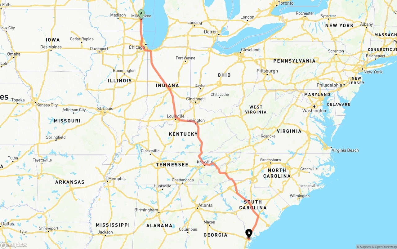 Shipping route from Milwaukee to Port of Savannah