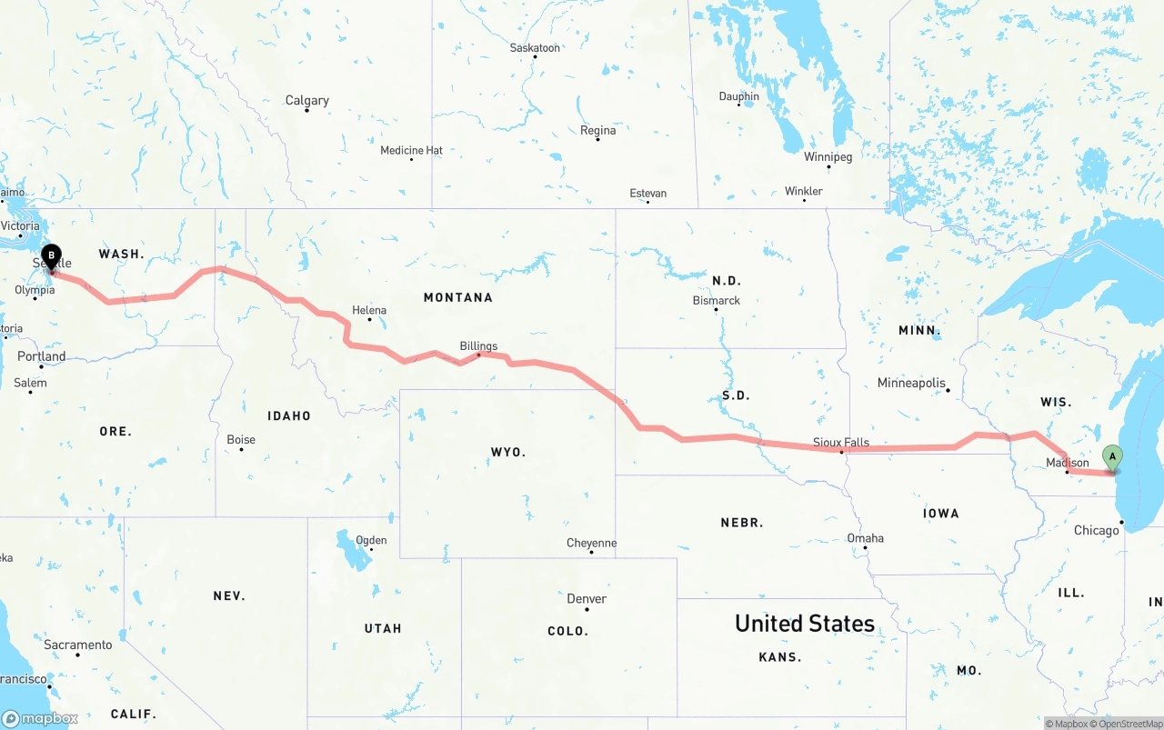Shipping route from Milwaukee to Port of Seattle