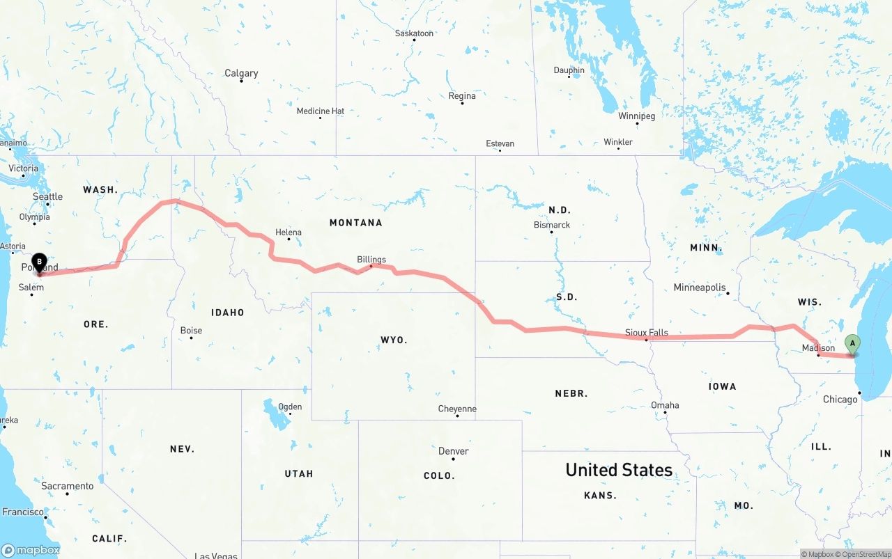 Shipping route from Milwaukee to Portland