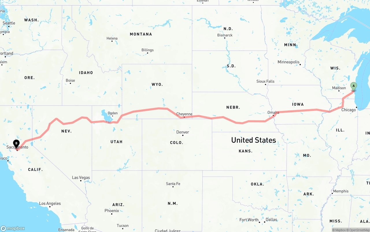 Shipping route from Milwaukee to Sacramento International Airport