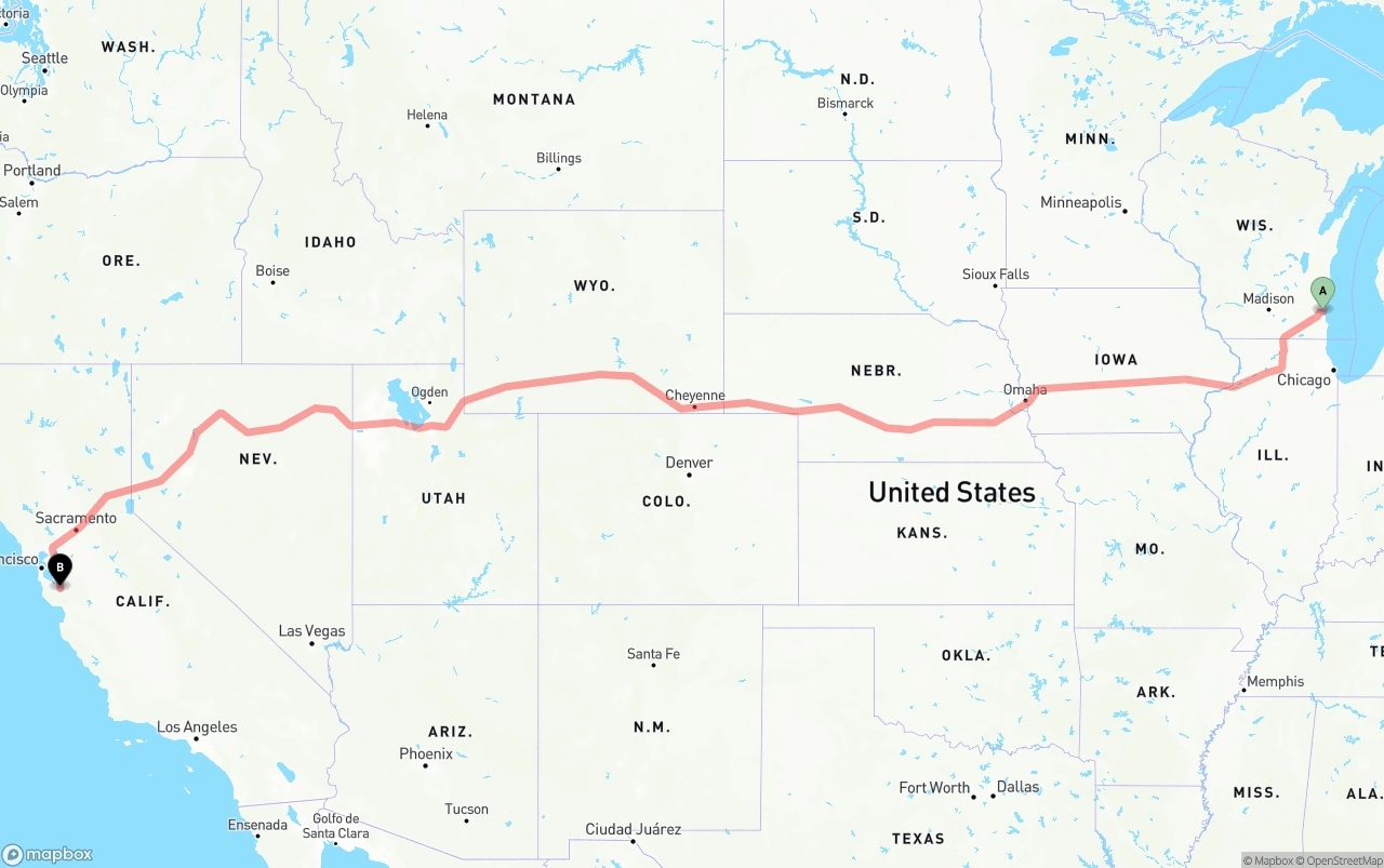 Shipping route from Milwaukee to San Jose