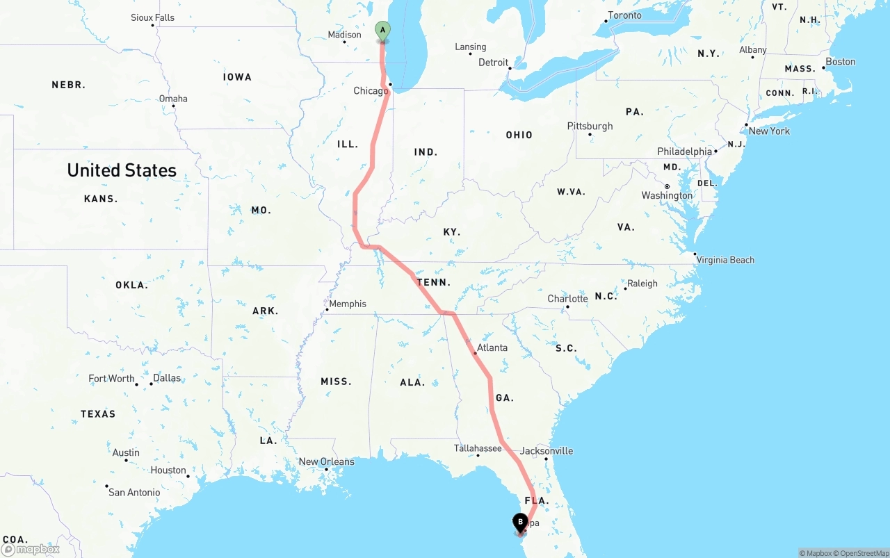 Shipping route from Milwaukee to St. Petersburg