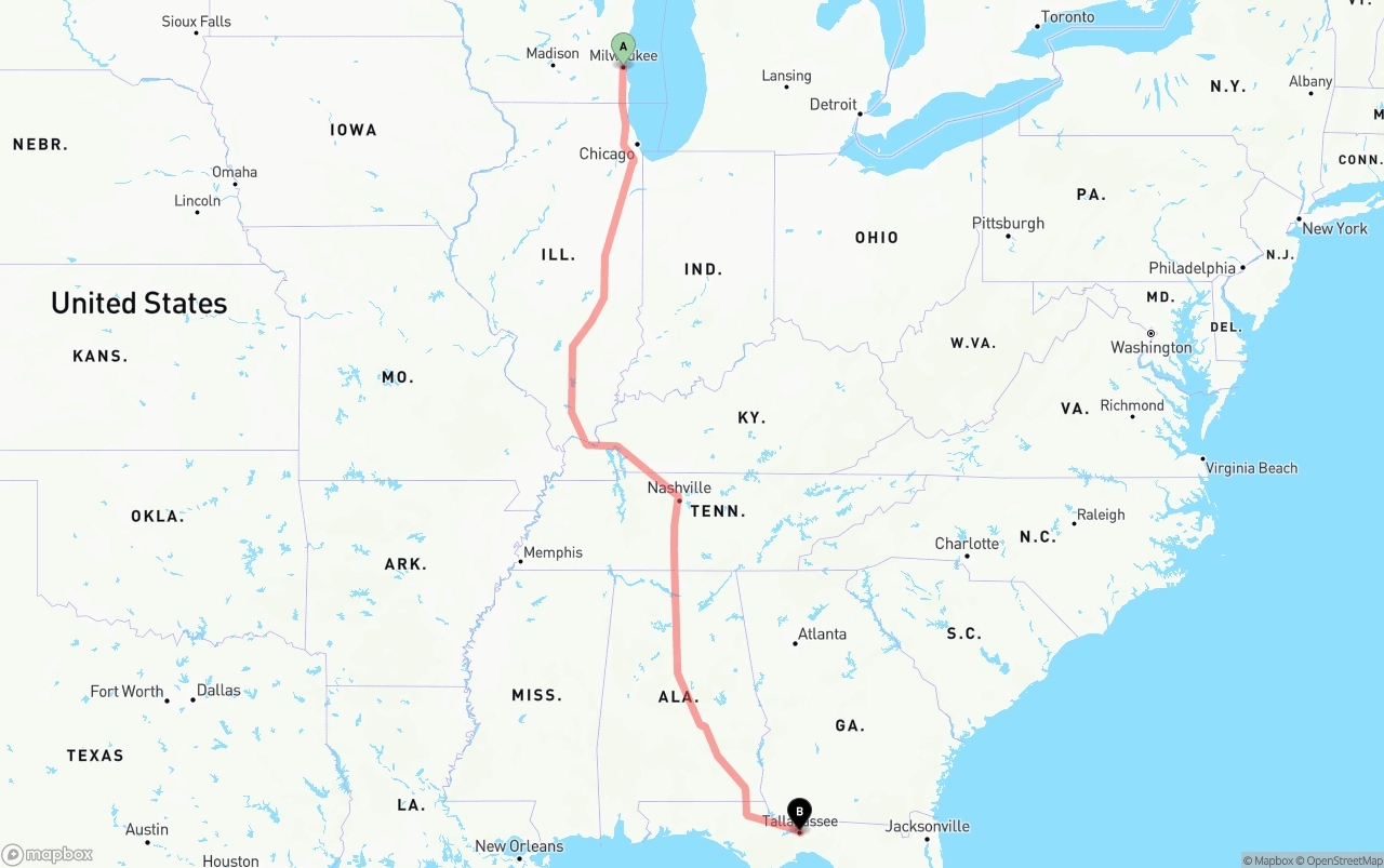 Shipping route from Milwaukee to Tallahassee
