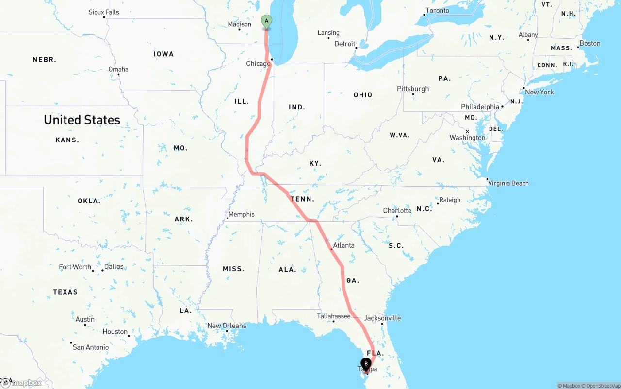 Shipping route from Milwaukee to Tampa International Airport