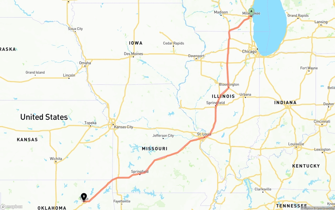 Shipping route from Milwaukee to Tulsa