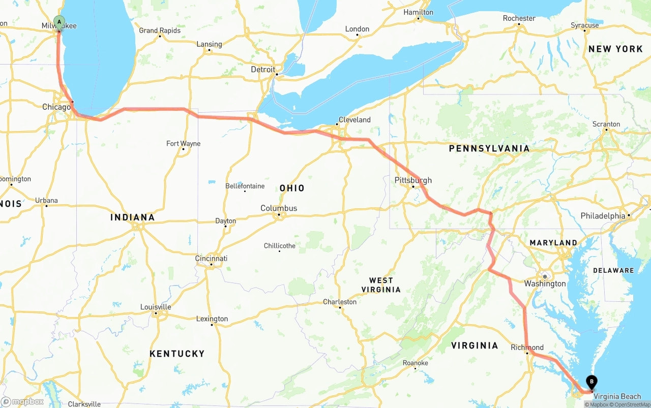 Shipping route from Milwaukee to Virginia Beach