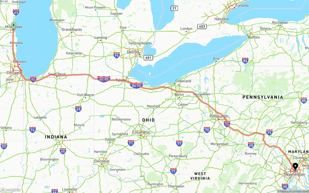 Shipping route from Milwaukee to Washington D.C.
