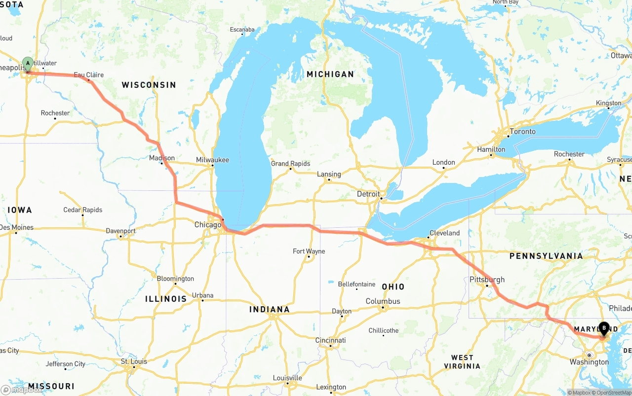 Shipping route from Minneapolis to Baltimore