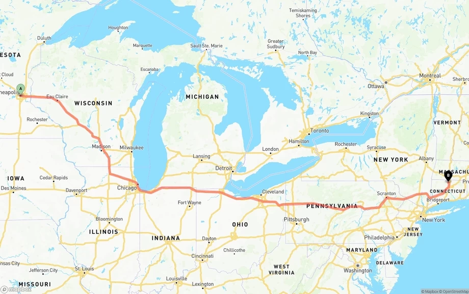 Minneapolis to Bradley International Airport freight shipping route map