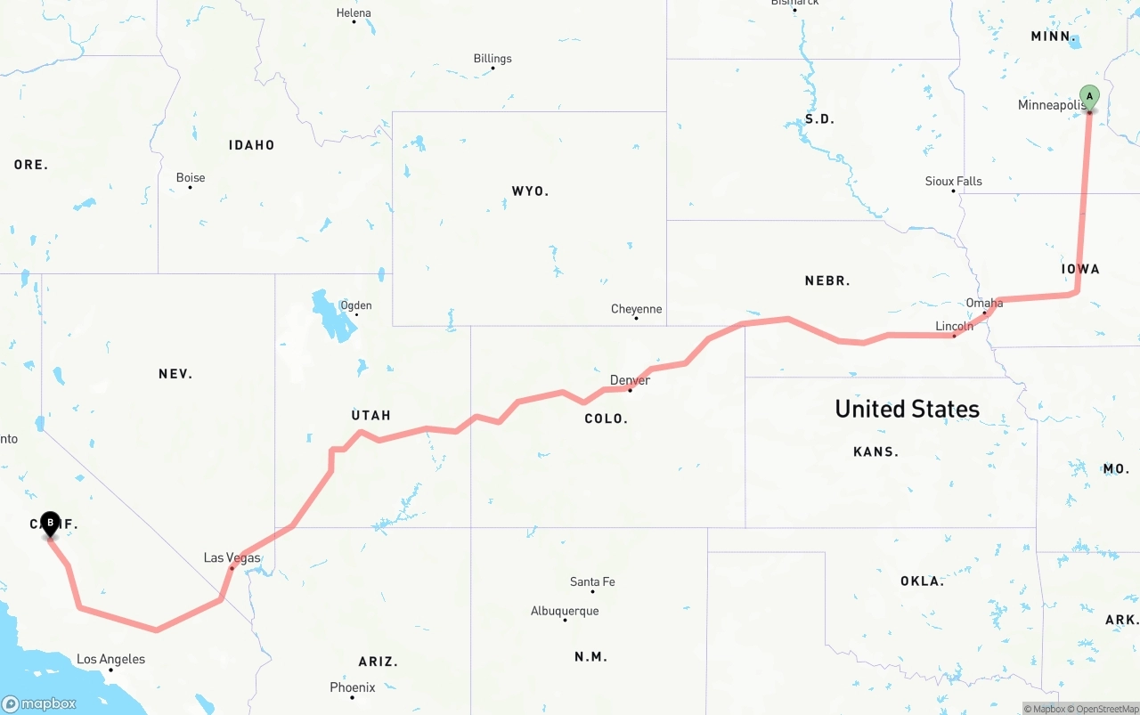 Shipping route from Minneapolis to Fresno